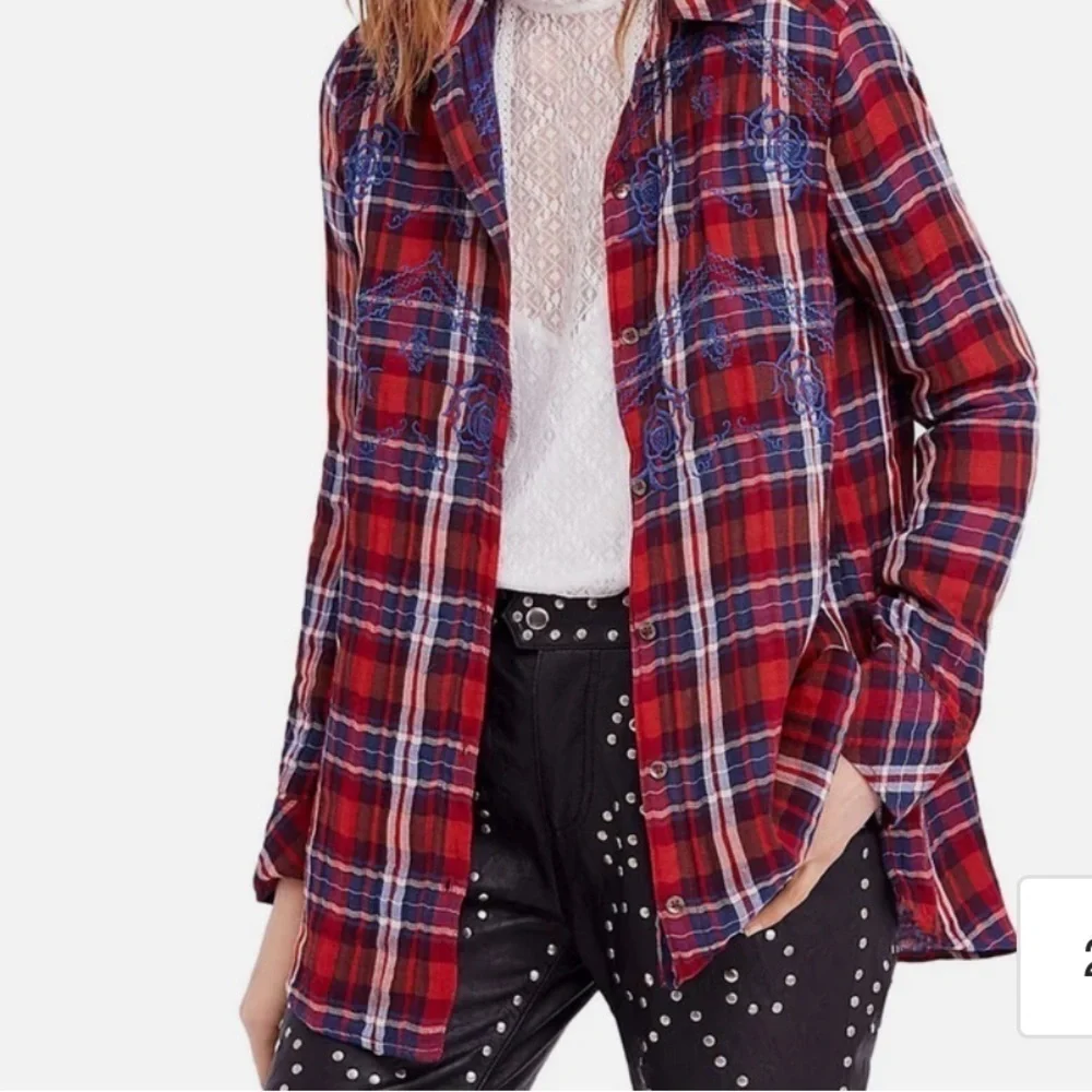 Free People Womens Magical Plaid Button Up Shirt, Red, Small